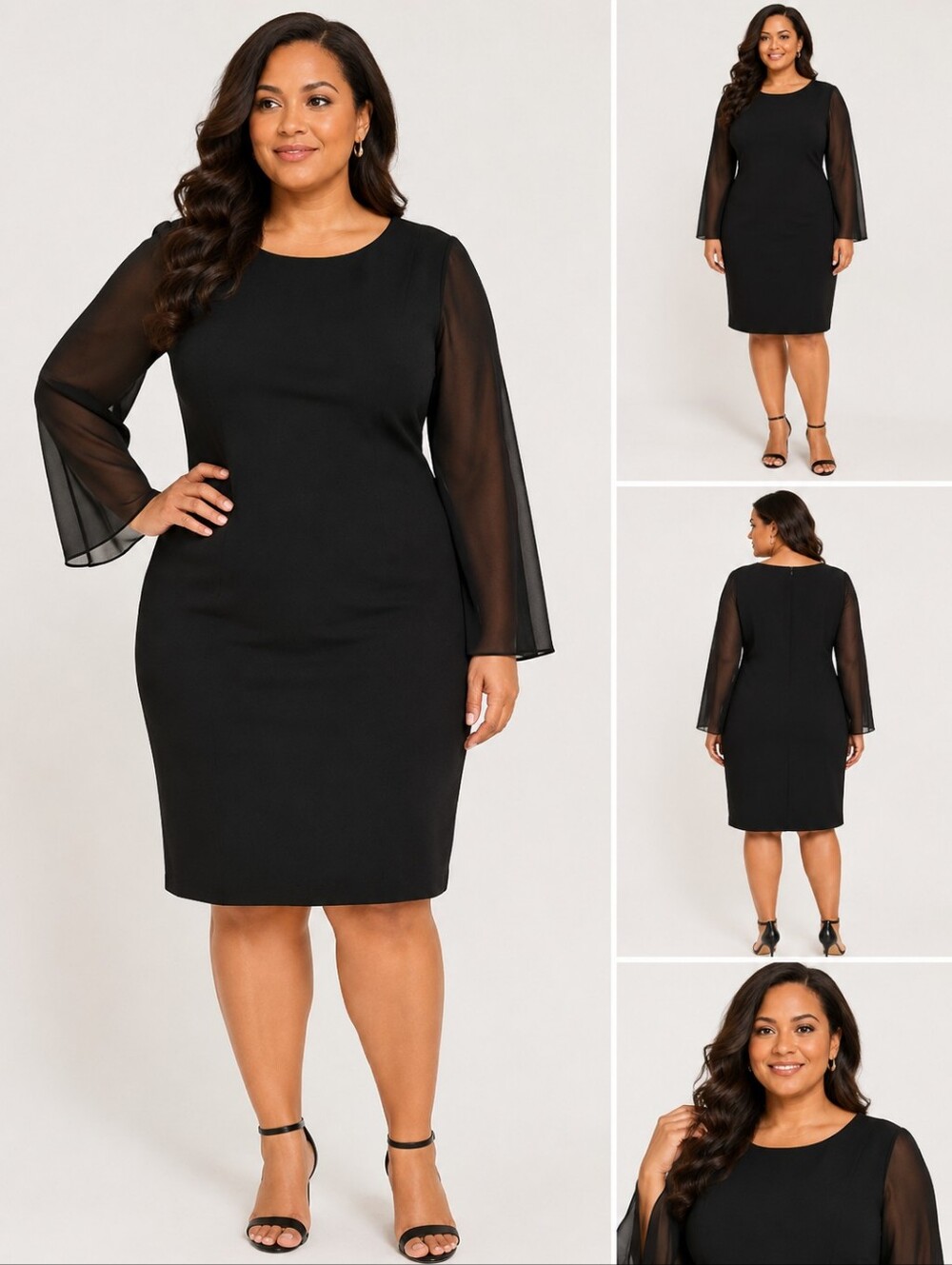 Carole Little Black Sheath Dress Plus Size 22W Sheer Long Sleeve Knee Length EUC
